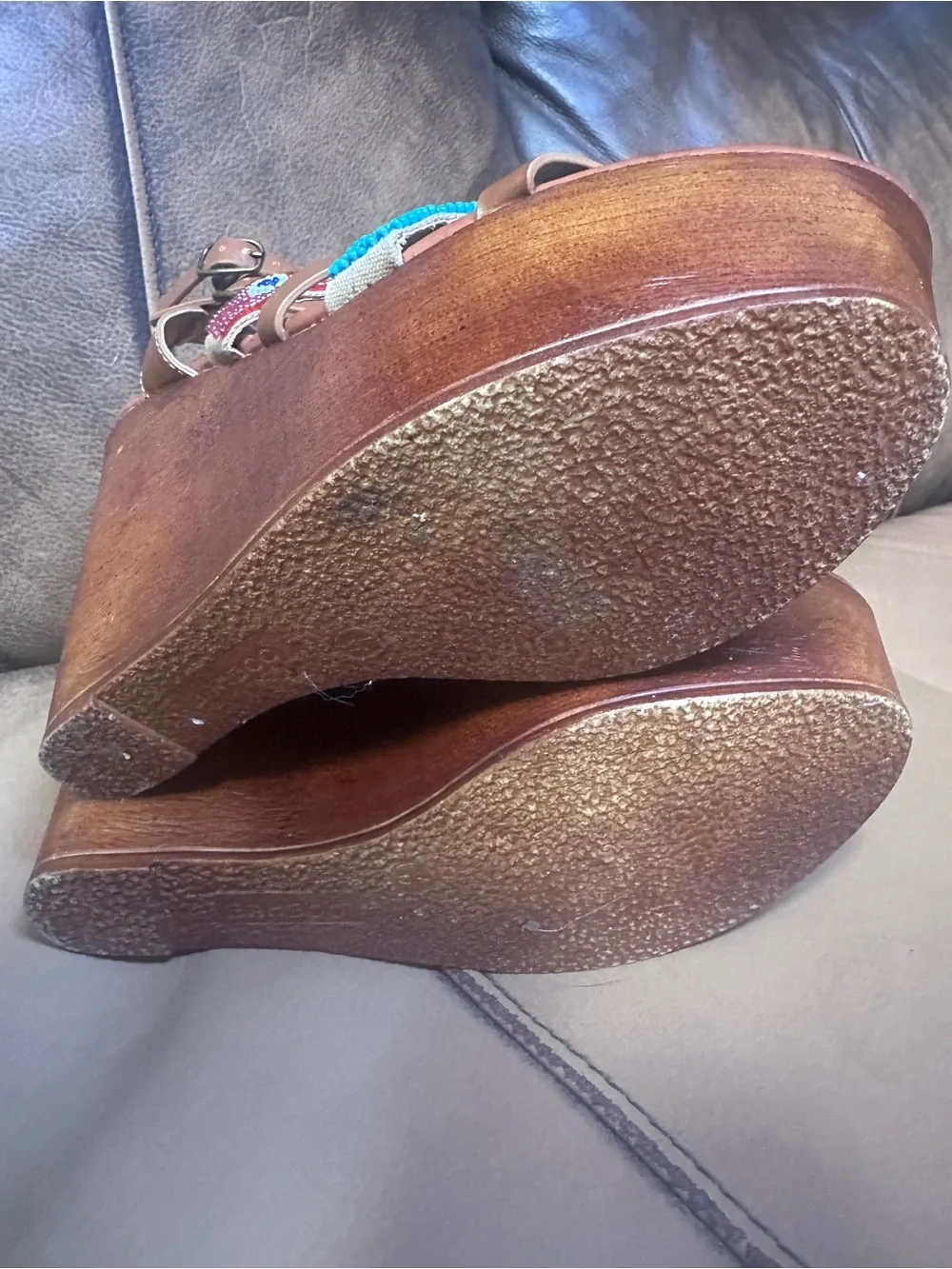 BAMBOO Tan Brown Platform Wedge Sandals with Turquoise & Purple Beaded Straps